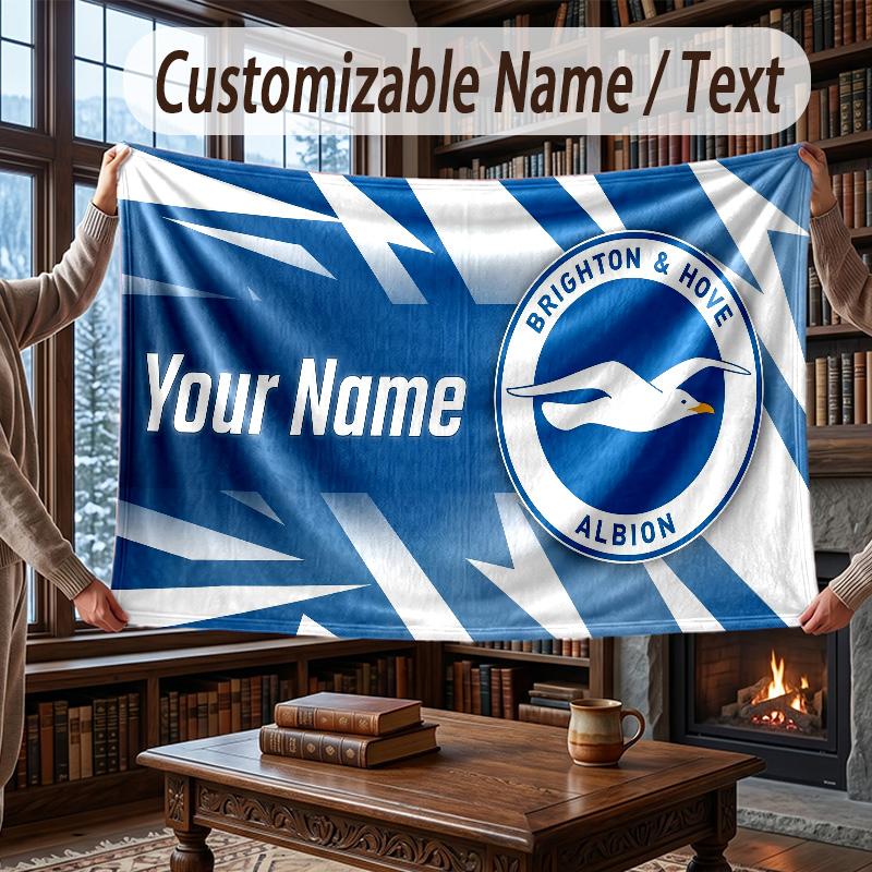 Custom Name Flannel Throw Blanket Brighton & Hove Albion Football Pattern Warm Home Decoration