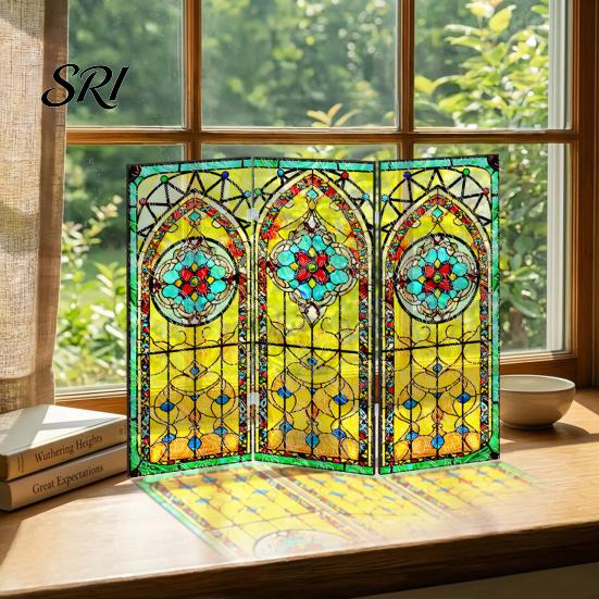 Colorful Folding Screen Mini Decorative Stained Glass Effect 3 Panel Divider Acrylic Desktop Office Desk Decoration Ornament for Home Living