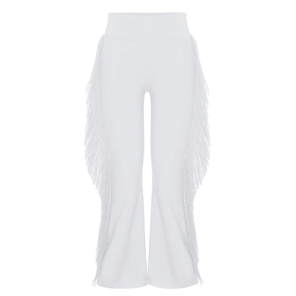 Chłopięce spodnie do tańca latynoamerykańskiego elastyczny pas z frędzlami styl dzwonów spodnie do występów ballroomowych