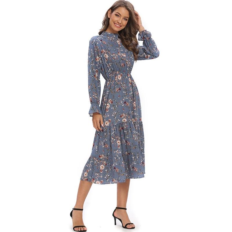 Kvinners vår-høstkjole blomster chiffon blå kjole rund hals langermet lotusblad elastisk kjole