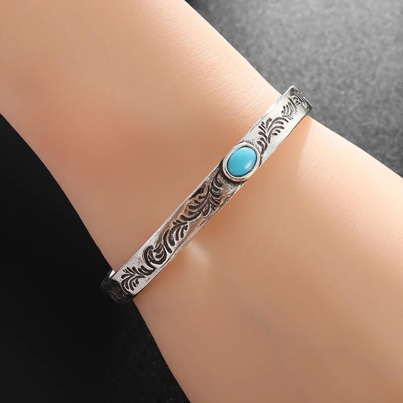 Indian Style Silver Plated Turquoise Carved Arabesque Bracelets for Men and Women Cuff Bangles Fashion Trend Party Jewelry