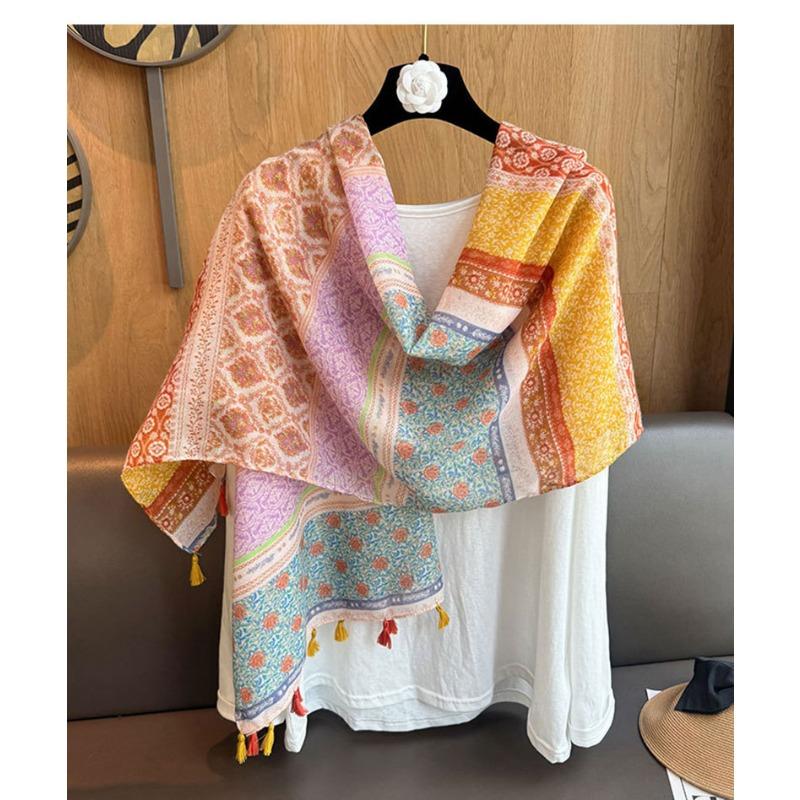 Rainbow Ethnic Style Cotton Linen Scarf For Women Elegant Office Air Condition Shawl