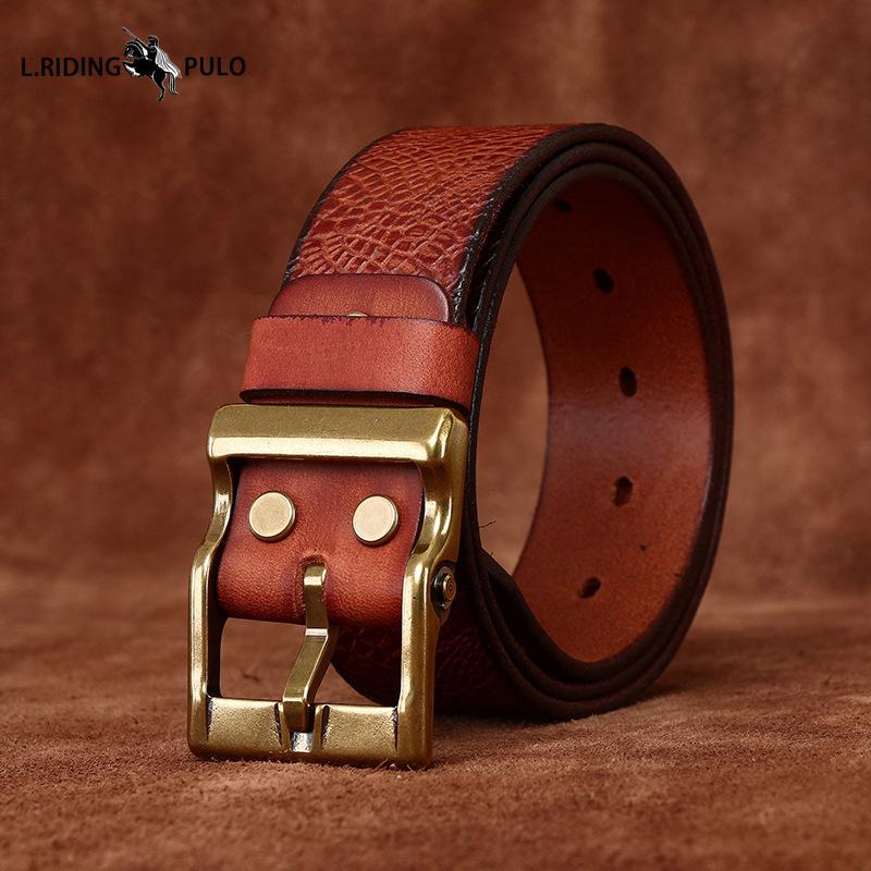 Retro Printed Genuine Leather Cowhide Copper Buckle Belt Trendy All-match Casual Jeans Belt