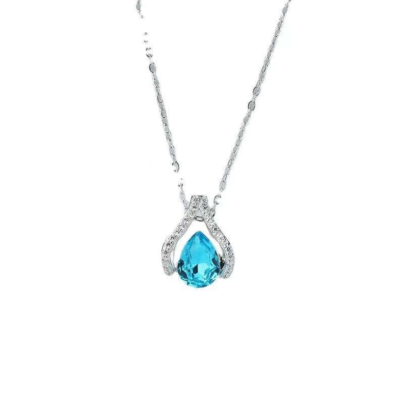 New Ocean Heart Water Drop Necklace for Women's Gold Plated High-end Light Luxury Simple Crystal Clavicle Chain