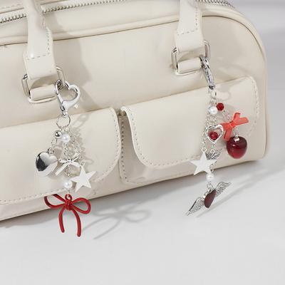 Red Heart Bow Keychain Bag Pendant Cute Simple Love Bowknot Keyrings Exquisite Backpack Hanging Decoration Gifts