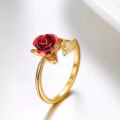 Women Circlet Red Rose Opening Leaf Adjustable Women Ring for Valentine's Day
