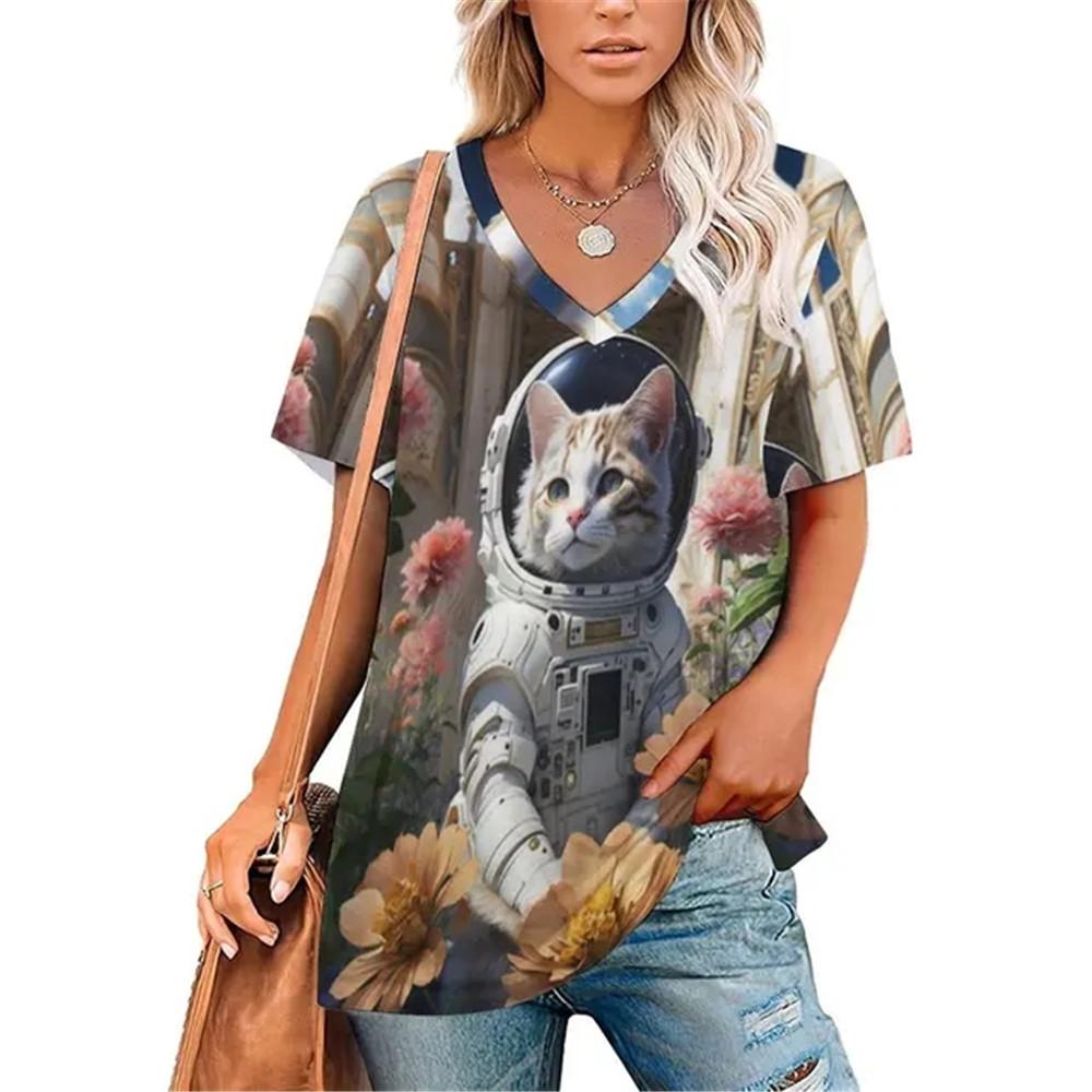 Sexy Katze Blumenmuster V-Ausschnitt Vintage T-Shirt Teenager T-Shirts Unisex Kleidung Vintage Streetwear Alltagsstil Mode Streetwear Y2k Tops