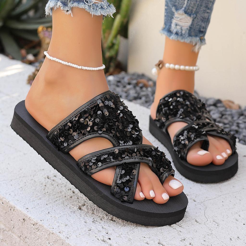 Fashion Women Flip Flops Casual Sequins Anti-Slip Slippers Women Platform Sandals Beach Open Toe Slippers 2024 Summer New Slides Women