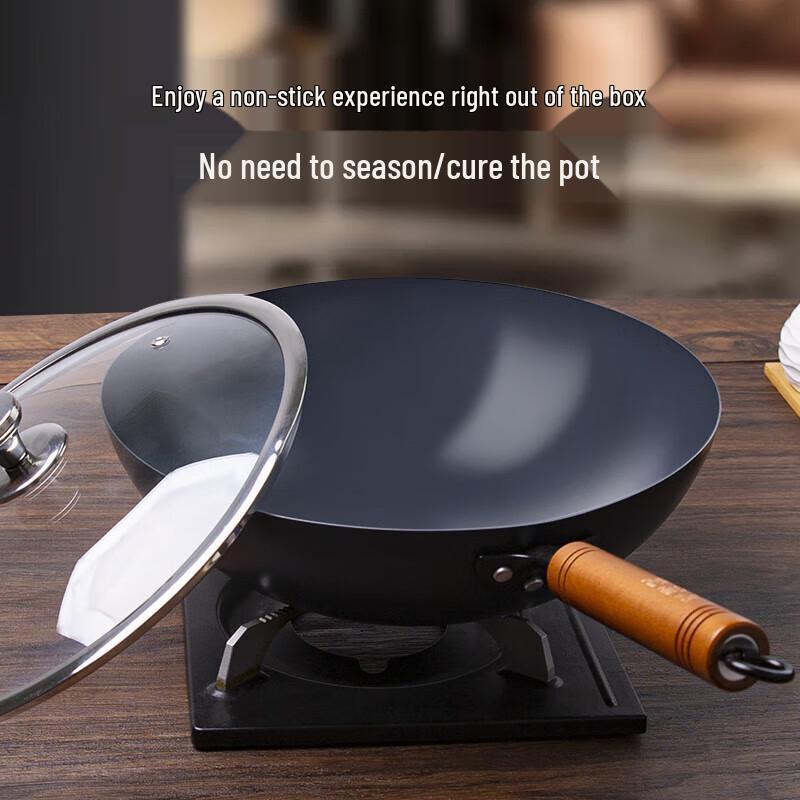 Chen Zhiji Wrought Iron Round Bottom Wok with Spatula and Lid