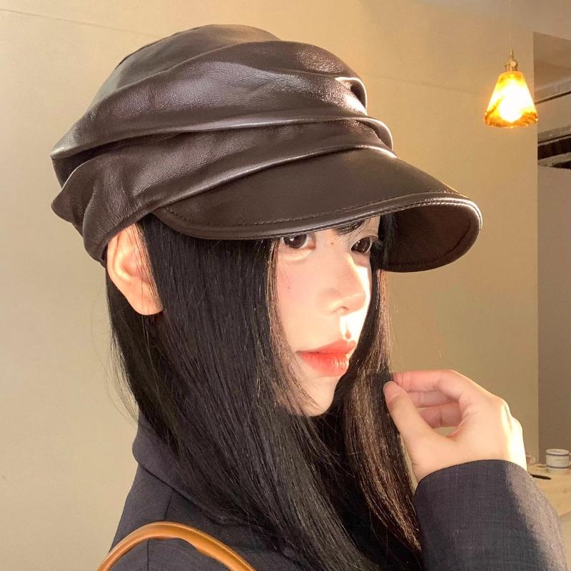 New Personality Irregular Pleated Design PU Leather Berets for Women Autumn and Winter Casual Versatile Retro Newsboy Hats