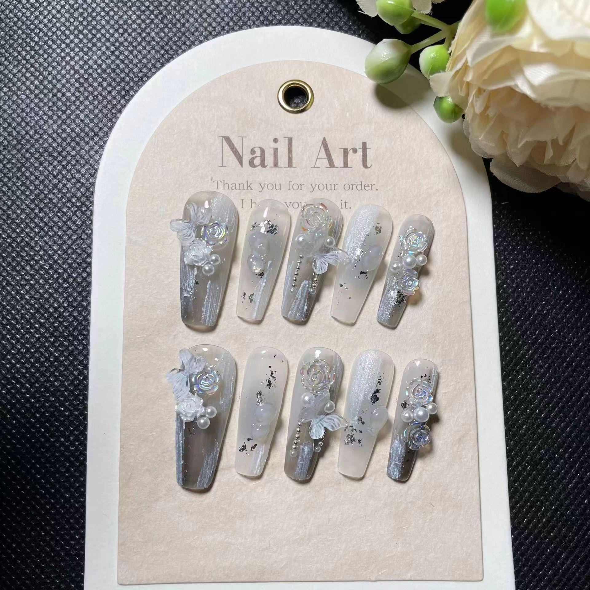 

Handmade Camellia Butterfly Pearl Nail Stickers - Removable & Wearable Large L