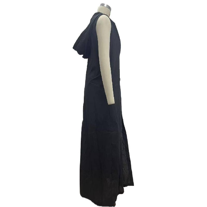 2026 New Women's Casual Loose Sleeveless Long Dress with Single-Breasted Buttons and Fashionable Hood