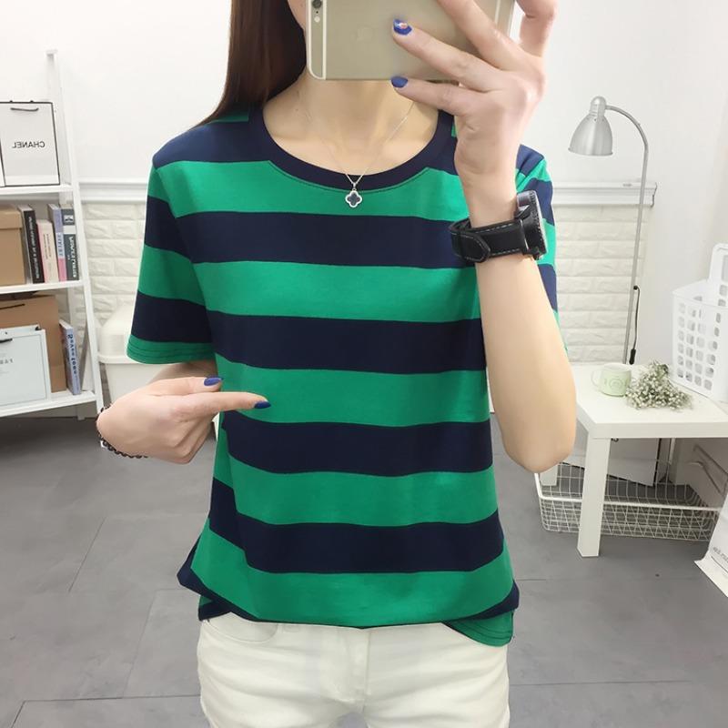 Summer Plus Size Women's Loose Short-sleeved T-shirt Women's Black and White Striped T-shirt Cotton Top