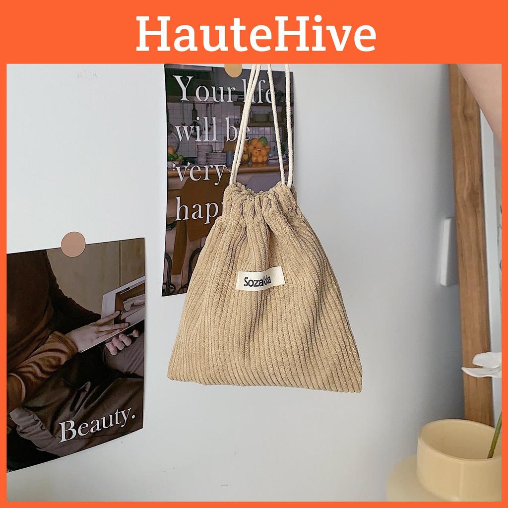 32133 Plain Corduroy Weave Tag Drawstring Closure Cosmetic Bag Women Portable Large Capacity