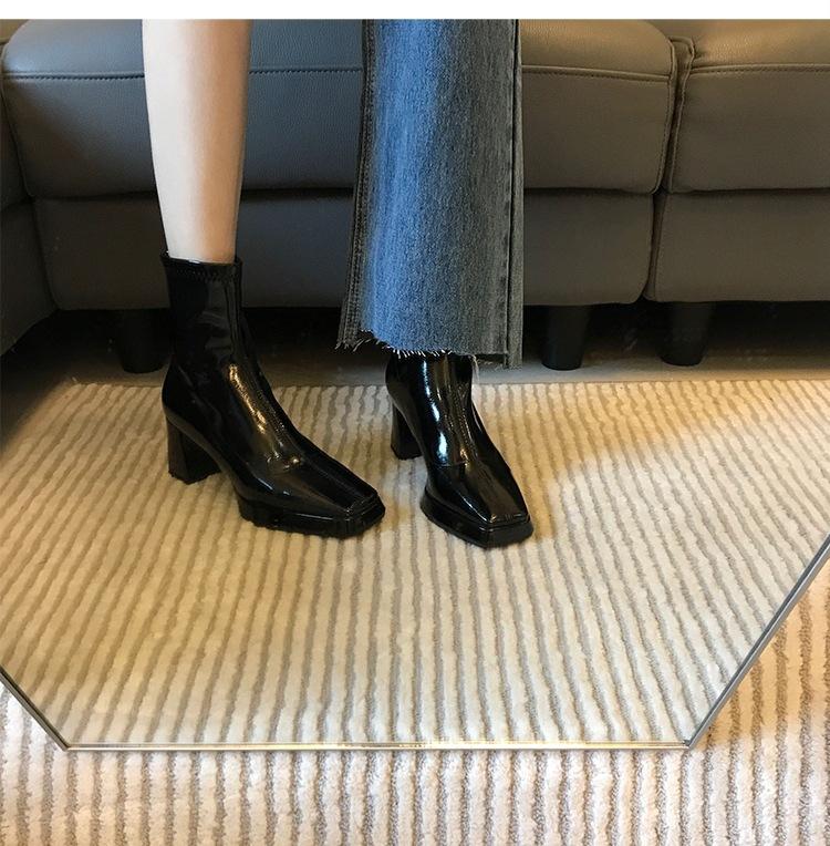 New autumn and winter high-heeled short boots fashionable versatile square-head patent leather Martin boots thick-heeled thin boots fashion boots