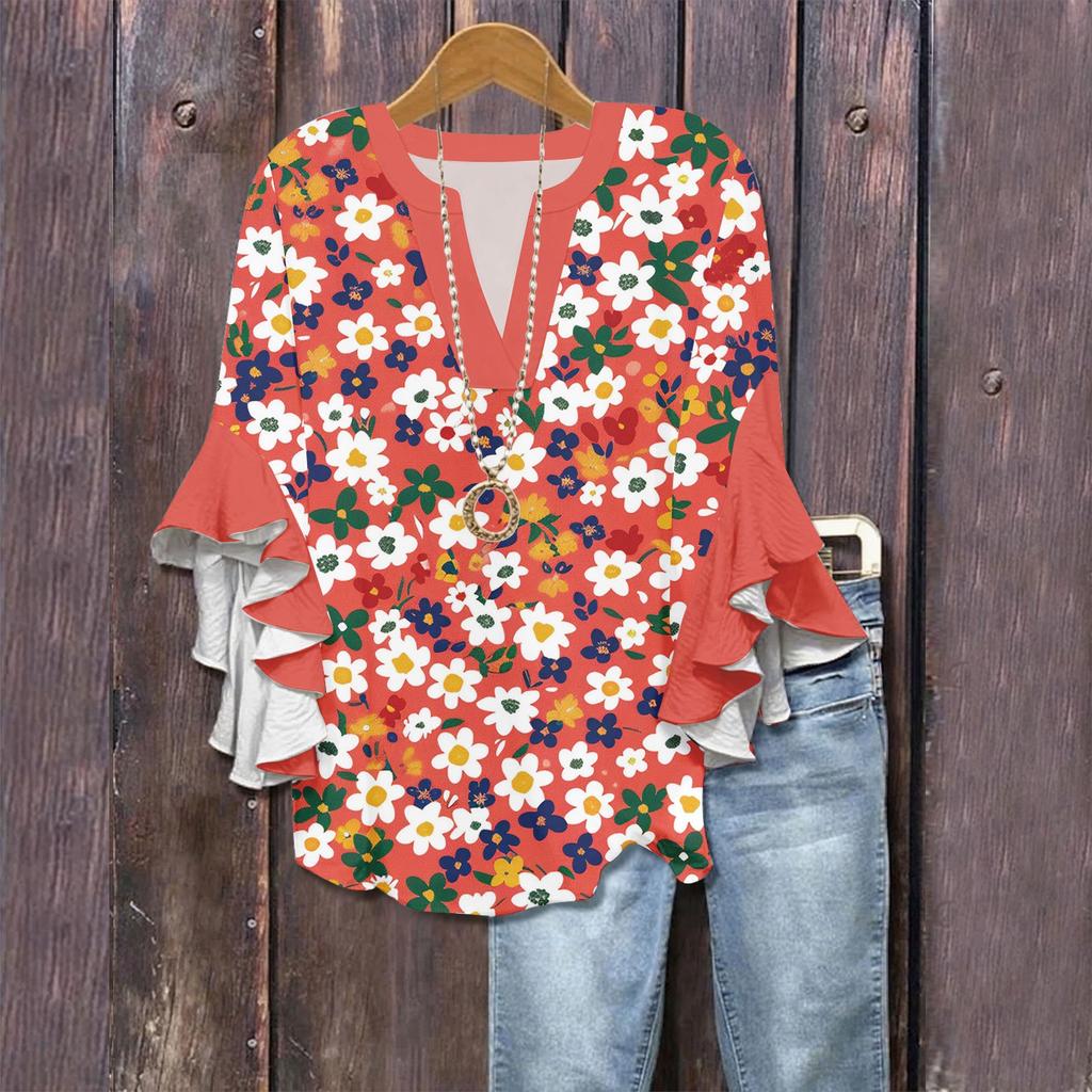 3/4-Ärmel-Shirts für Damen, süßer Aufdruck, Grafik-T-Shirts, Blusen, lässig, Übergröße, Basic, Oberteile mit Rüschenärmeln, Pullover