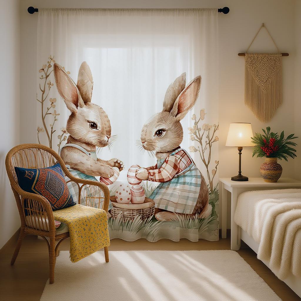 Single Panel Easter Bunny Curtain Rabbit Egg Pattern Pole Window Kids Room Spring Decor With Light Filtering Polyester