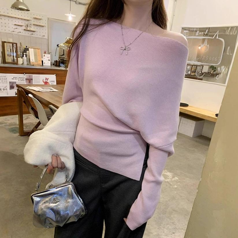 

Korean lazy style one-word shoulder foreign style inner fit slim knitting women s autumn and winter slanted shoulder advanced design sense one size fits all