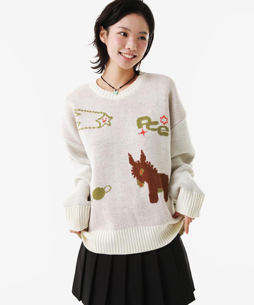 PEACE MAKER Donkey Jacquard Knit Pullover (Navy)