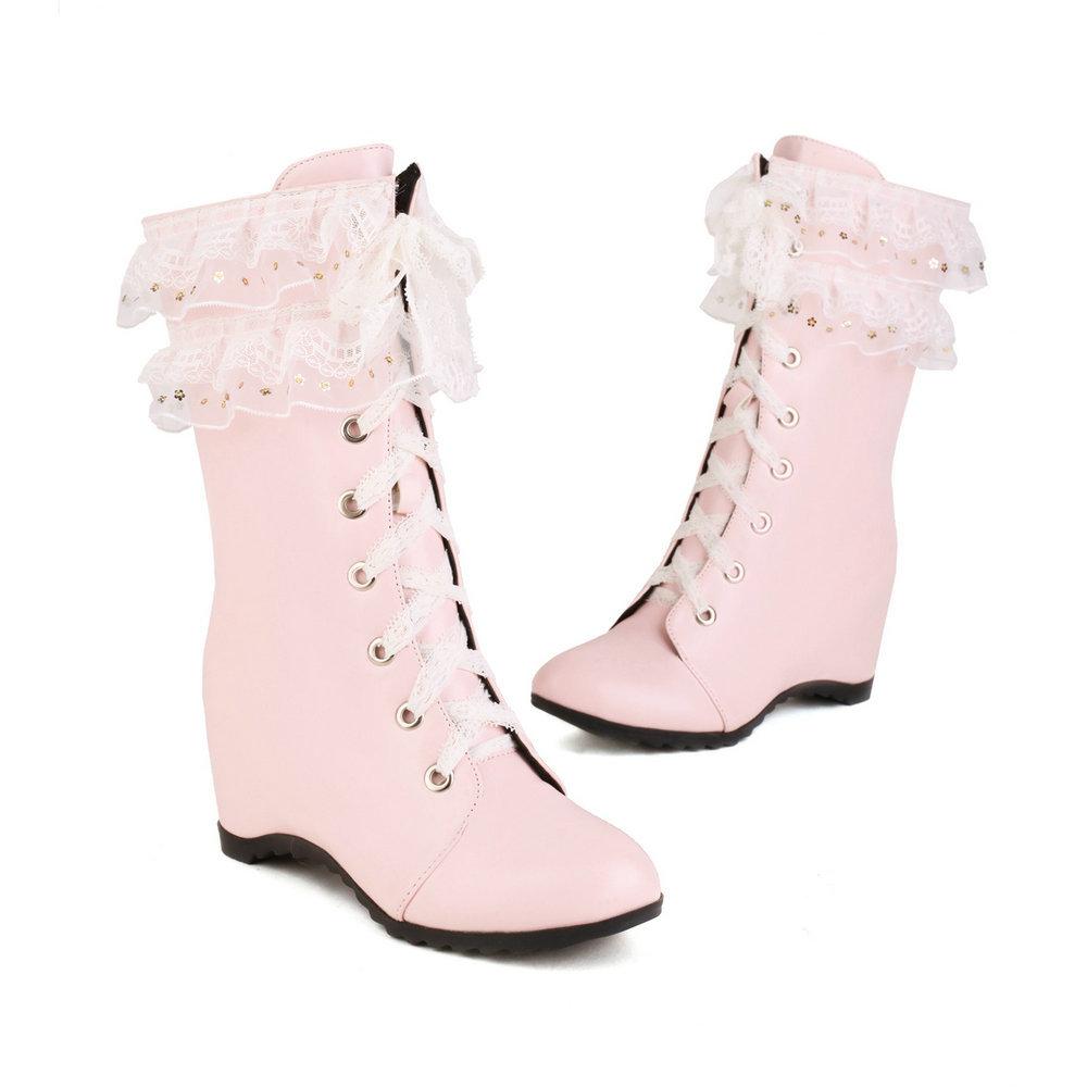 

Милые женские сапоги в стиле Лолита с кружевными манжетами и высокой шнуровкой, сапоги для ролевых игр принцессы, кожаные сапоги длиной до середины голени в стиле кавайи с круглым носком 40 розовый