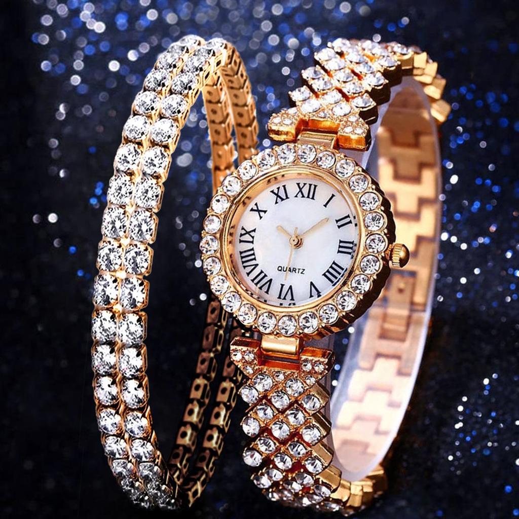 Women's Rhinestone Dial Quartz Watch & Starry Bracelet Gift Set: Simple & Stylish