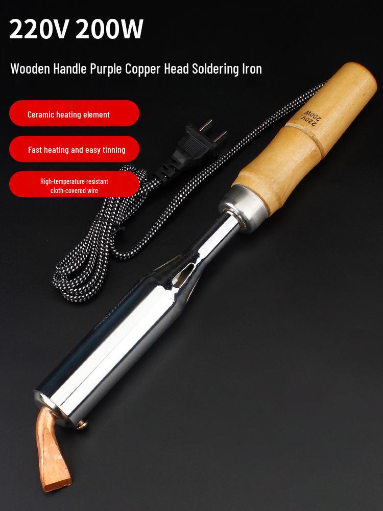 High-Power Electric Soldering Iron Set with Wood Handle - Purple Copper Bent Flat Tip for Household Electronics Repair.