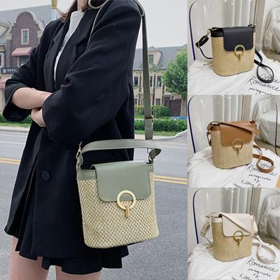Spring Summer New Crossbody Straw Bucket Women's Woven Tote Bag Beach Outdoor Fashion Simple Travel Crossbody Bag
