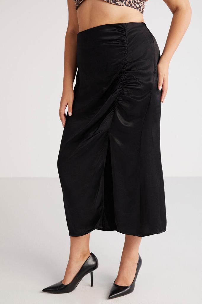 Dámský styl Velká velikost Sukně Jena Bublinkový saténový vzhled Řasená s detaily Rozparek Midi Černá Plus size sukně