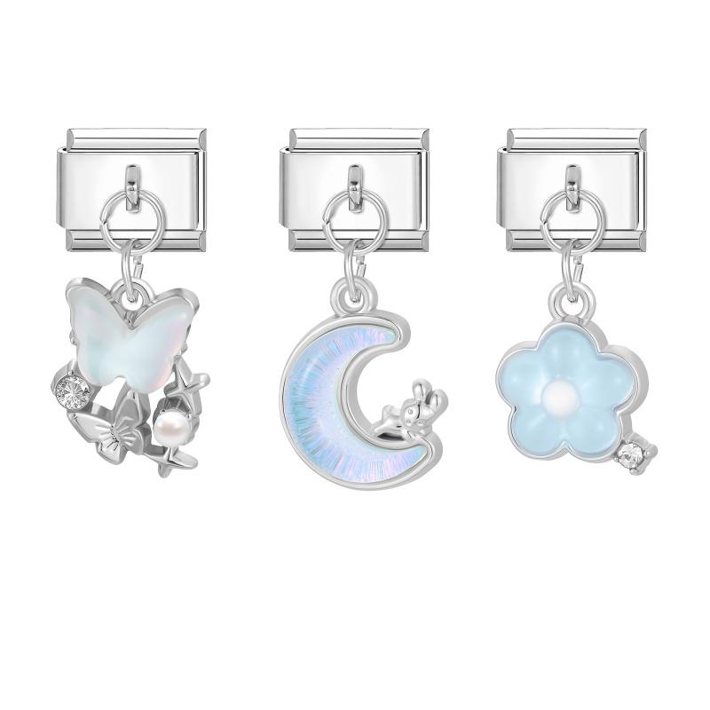3Pcs/Set Brilliant Butterfly Moon Cherry Flowers Pendant Italian Charm Links Fit 9mm Stainless Steel Bracelet DIY Making Gift