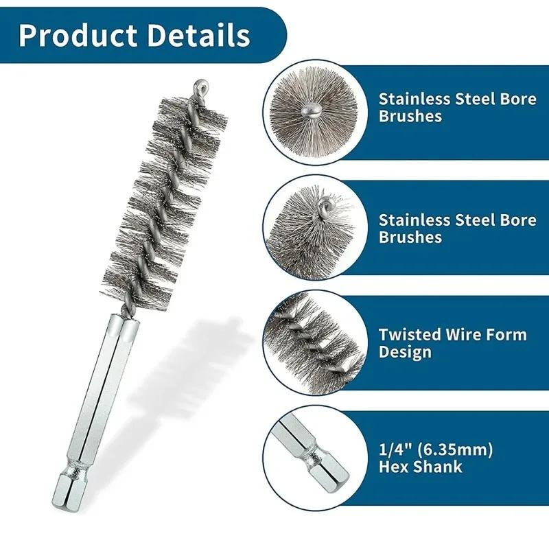 6pcs Stainless Steel Wire Brush Deburring and Polishing Hexagonal Rod Pipe Brush Cleaning Tools Grinding Polishing and Derusting