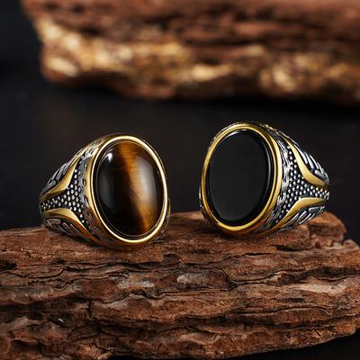 Natural Stone Series for Men Elliptical Ring with Real Tiger's Eye Stone 316L Stainless Steel Male Vintage Design Punk Ring