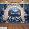 2D Elegant Blue Silver Happy Anniversary Backdrop Balloon and Flower Party Background