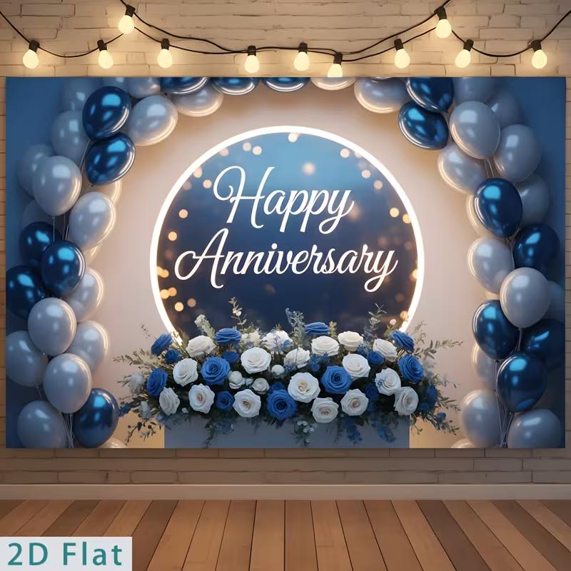 2D Elegant Blue Silver Happy Anniversary Backdrop Balloon and Flower Party Background