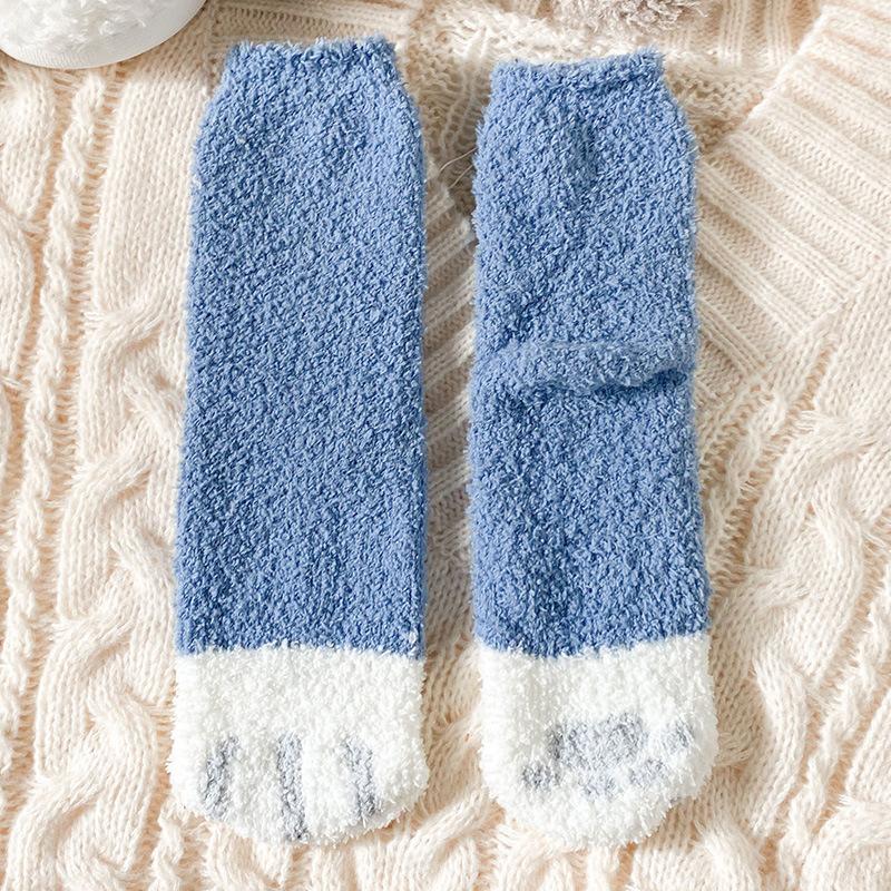 Cat Paw Striped Cute Socks Coral Fleece Winter Women Socks Thick Thermal Floor Sleeping Socks Candy Color Velvet Sock Warm