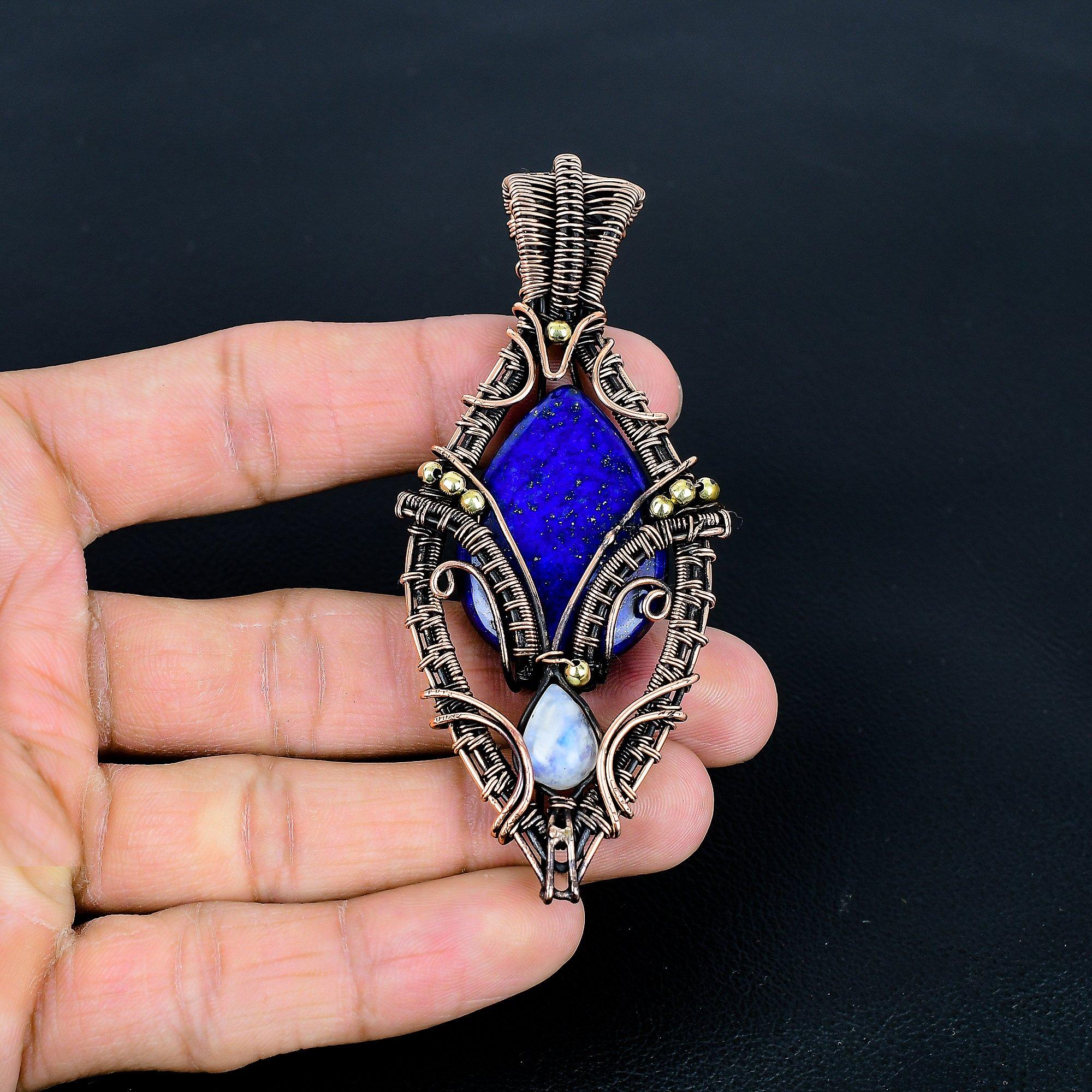 

Lapis Lazuli & Moonstone Pendant, Gemstone 999 Copper Wire Wrapped Jewelry Pendant, Handmade Jewelry Birthstone Pendant, Gift For Him 3.54 Inches синий