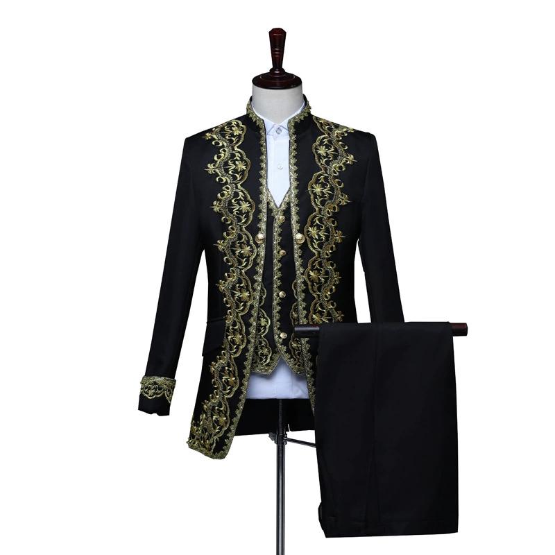European Gold-encrusted Vintage Court Tuxedo Men's Stand-up Collar Embroidered Suit Three-piece Set Opera House Stage Costumes