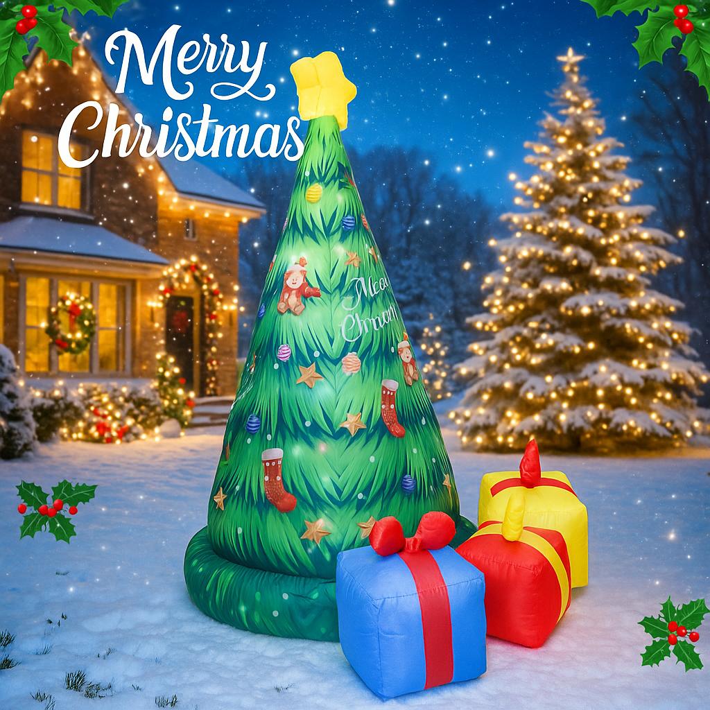 7.87FT Outdoor Inflatable Toy Christmas Tree Gift Boxes With LED Lights Xmas Party Lawn Decorations Yard Supplies Holiday Gifts