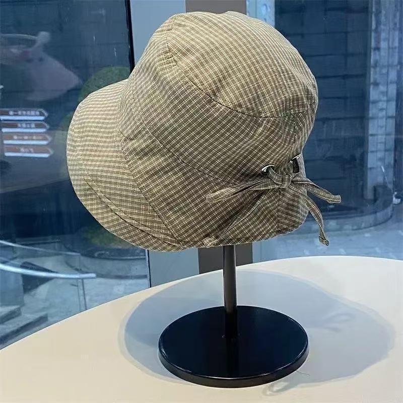 Summer Plaid Bucket Cap Curled Bow Plaid Sun Hat Foldable Quick-Dry Fisherman Caps Outdoor Mountaineering Hat