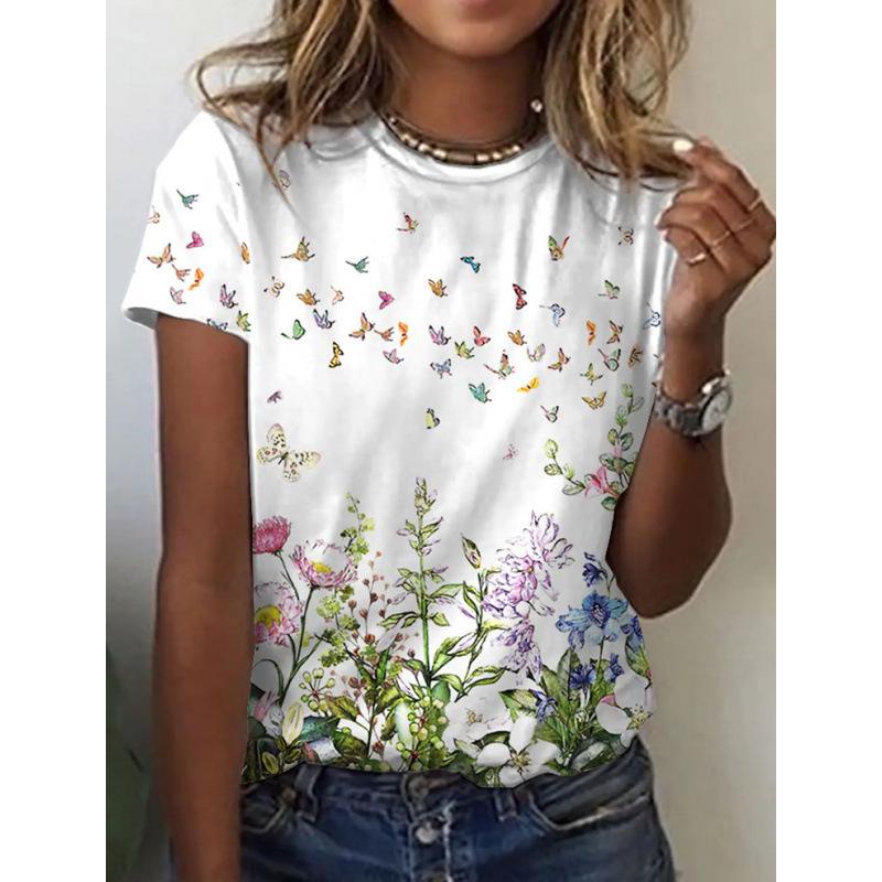 Women's Black Purple Butterfly Print Short Sleeve T-Shirt Casual Graphic Top