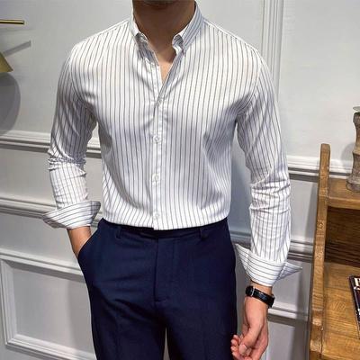 Moda Hombre Estilo Británico Rayado Business Casual Camisa Combinable Manga Larga Tops Slim