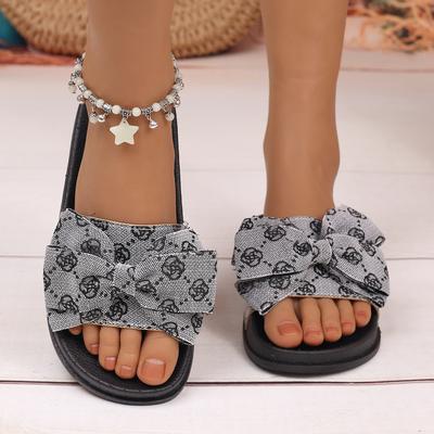 Large Thick Bottom Bow One Word Slippers for Women, Embroidered Beach Sandals, Slippers