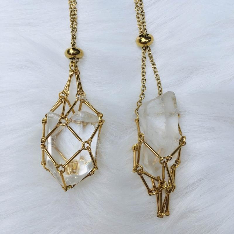 Handgjord Justerbar Kristallbur Halsband Natursten Nät Hållare Hänge Halskedja Snyggt Halsband Elegant Accessoar