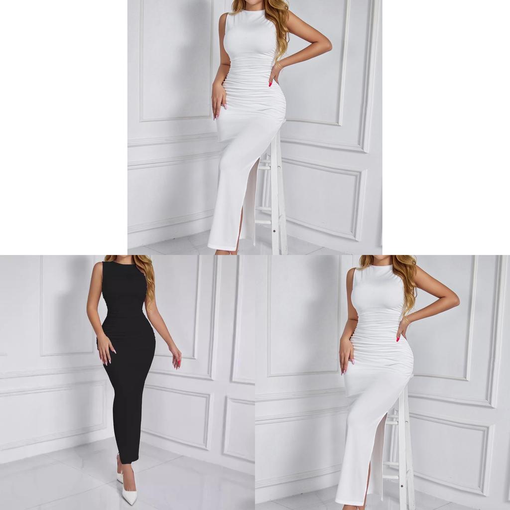 Basic Dress Long Skirt With Pleats And Side Slit For Spring Summer Casual Wear
