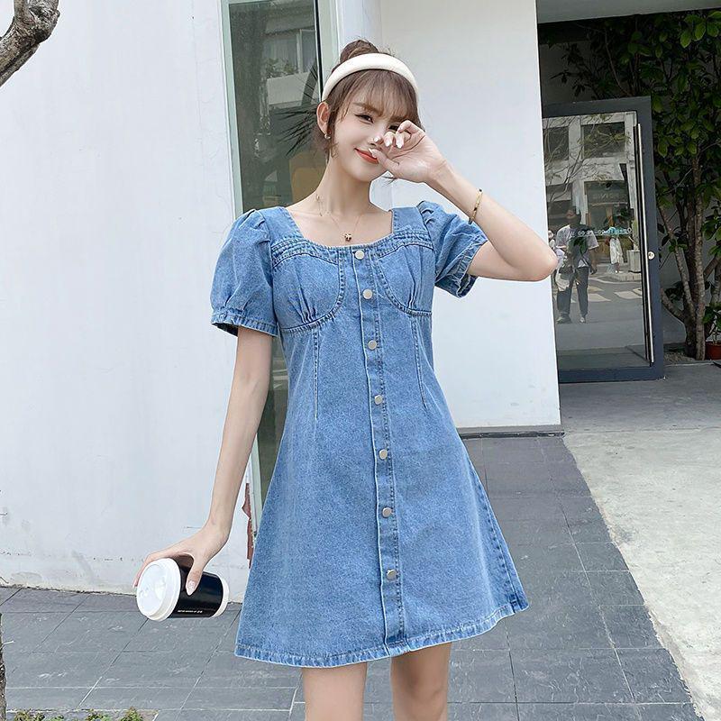 Women's Summer Bubble Sleeve Denim Dress - Age-Defying, Waist-Cinching, Slimming, Large Size.