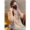 Retro Cotton and Linen Blouse Women Summer 2025 New Style Loose Lantern Sleeves Cardigan Printed Short-sleeved Top