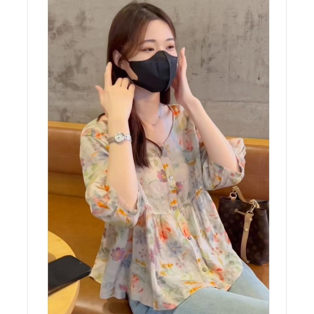 Retro Cotton and Linen Blouse Women Summer 2025 New Style Loose Lantern Sleeves Cardigan Printed Short-sleeved Top