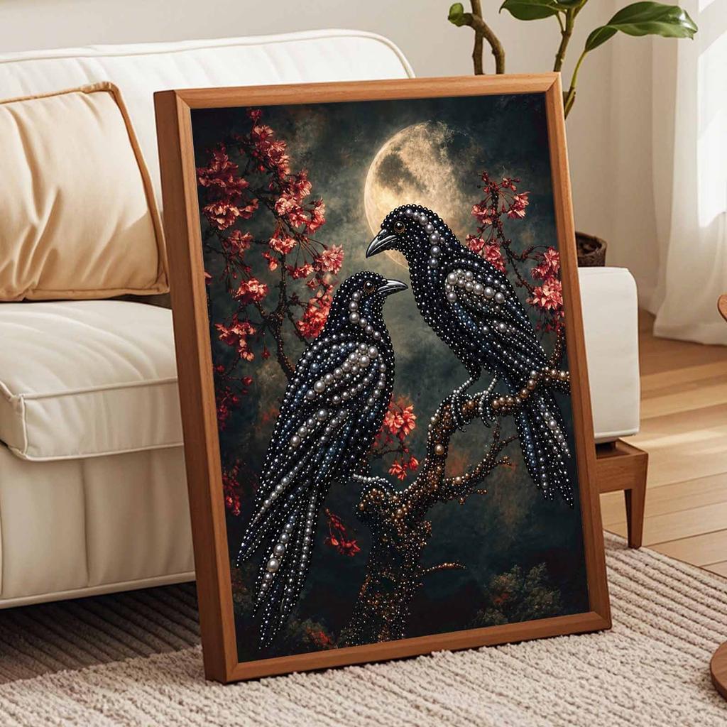 Moonlit Crow Couple Pearl Painting Kit with Frame Sparkling Bead Canvas Romantic Handmade Wall Decor Gift for Women DIY Craft Art Project