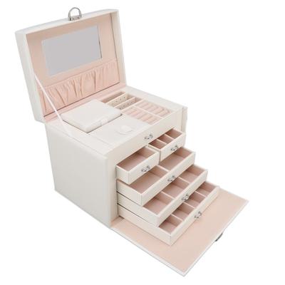 Boîte à bijoux géante en cuir synthétique, grande capacité, multi-couches, style européen blanc, avec miroir, pour la maison