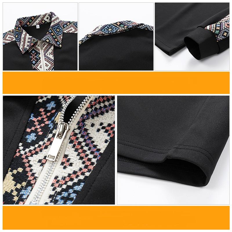 Jacquard Patchwork Polo Collar Hoodie for Couples, Versatile Pullover Top Long-sleeved Sweatshirt