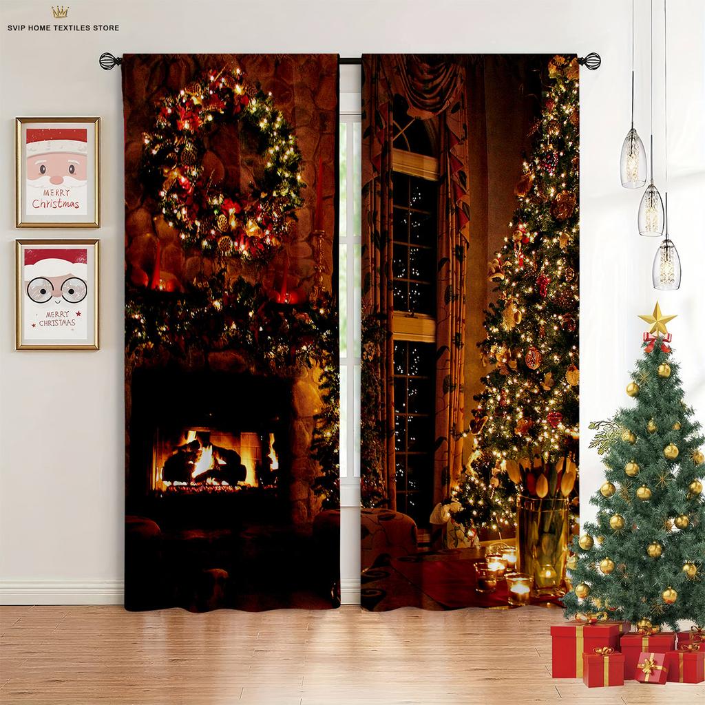 2 Pieces Christmas Decoration Curtains Christmas Tree Fireplace 3D Printing Curtains Suitable for Bedroom Dining Room New Year